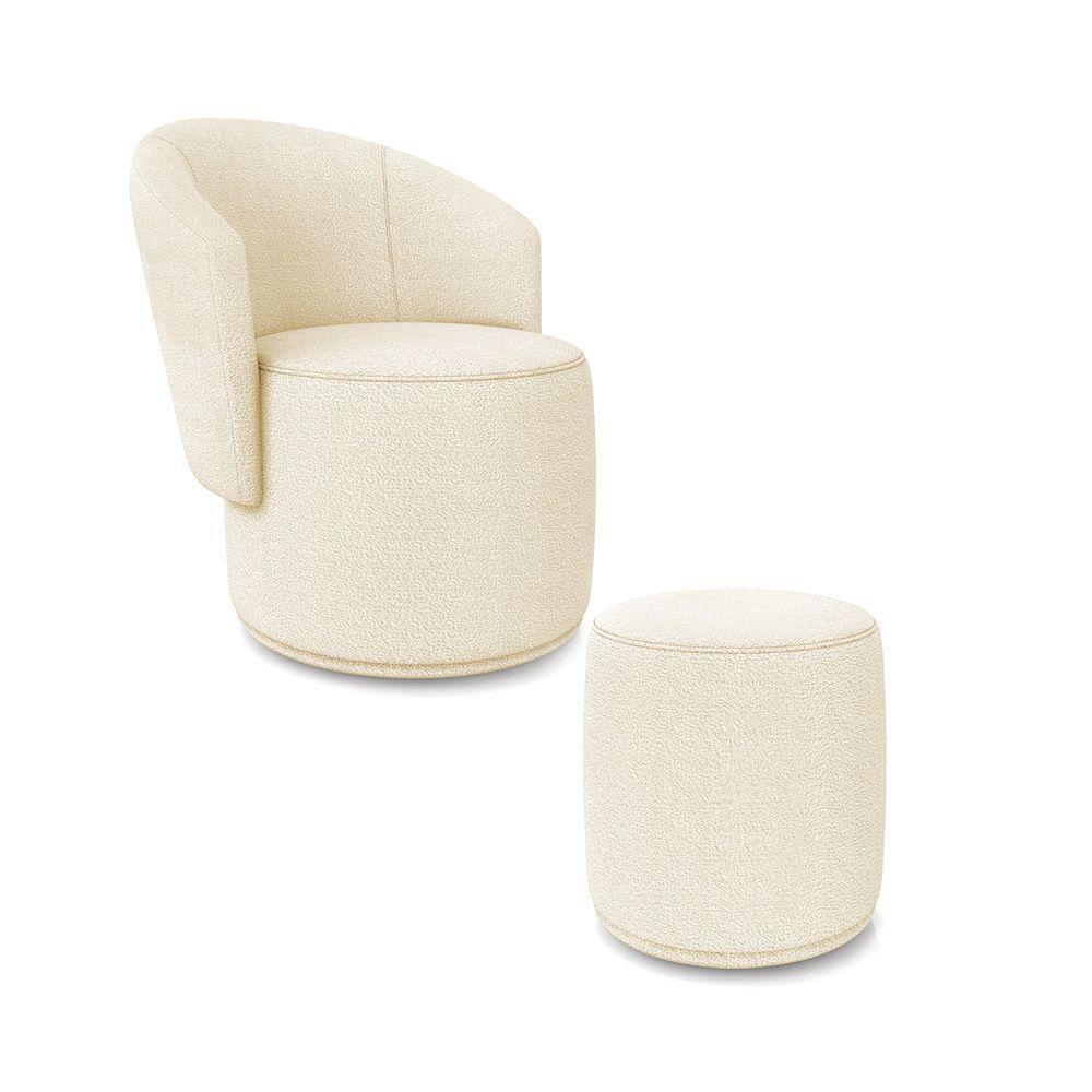 Poltrona E Puff Redondo Orgânico Para Sala Malu Bouclê M11 - D'rossi Off White - 2