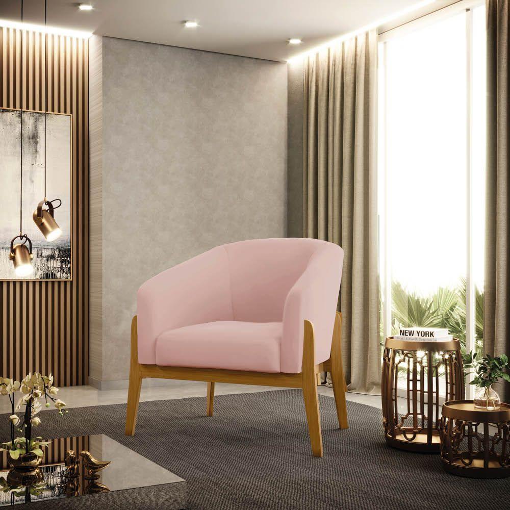 Poltrona Stella Veludo Rosê Base Madeira Castanho D03 - D'rossi - 1