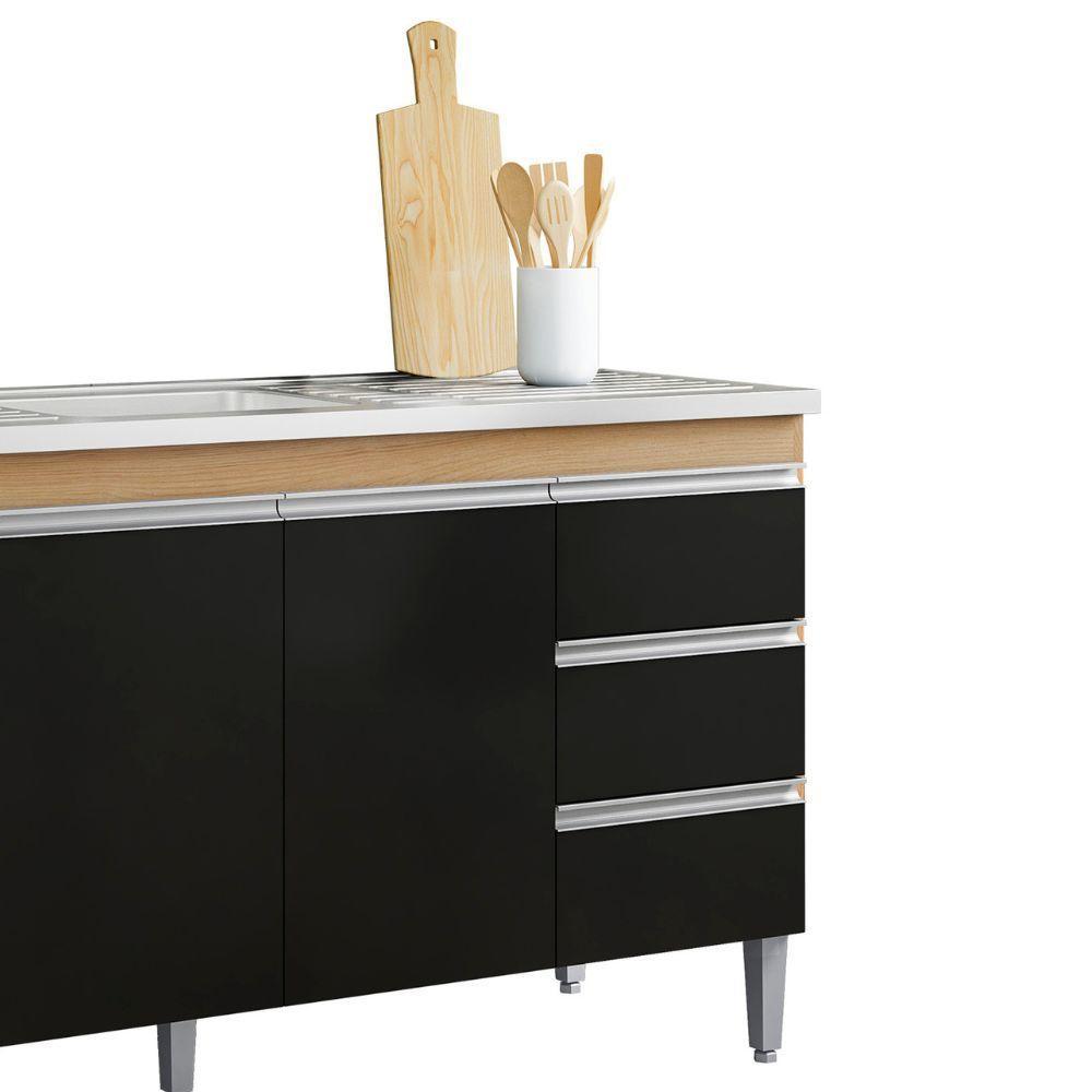 Balcão Gabinete De Pia Para Cozinha Sem Tampo 160cm 3 Portas Andréia Amêndoa/preto- Mabe Magazine - 2