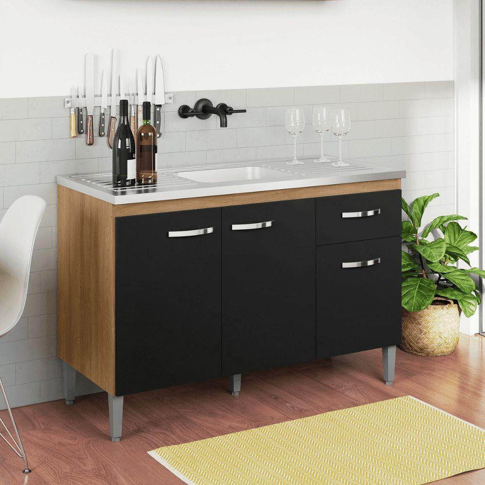 Balcão Gabinete De Pia Cozinha Multiuso 120cm Sem Tampo Gabriela Amêndoa/preto- Mabe Magazine - 1