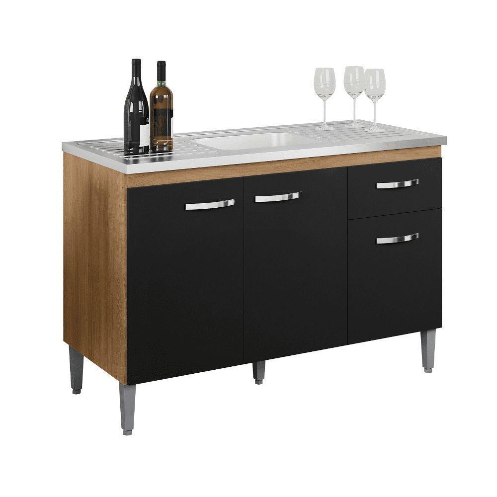 Balcão Gabinete De Pia Cozinha Multiuso 120cm Sem Tampo Gabriela Amêndoa/preto- Mabe Magazine - 2