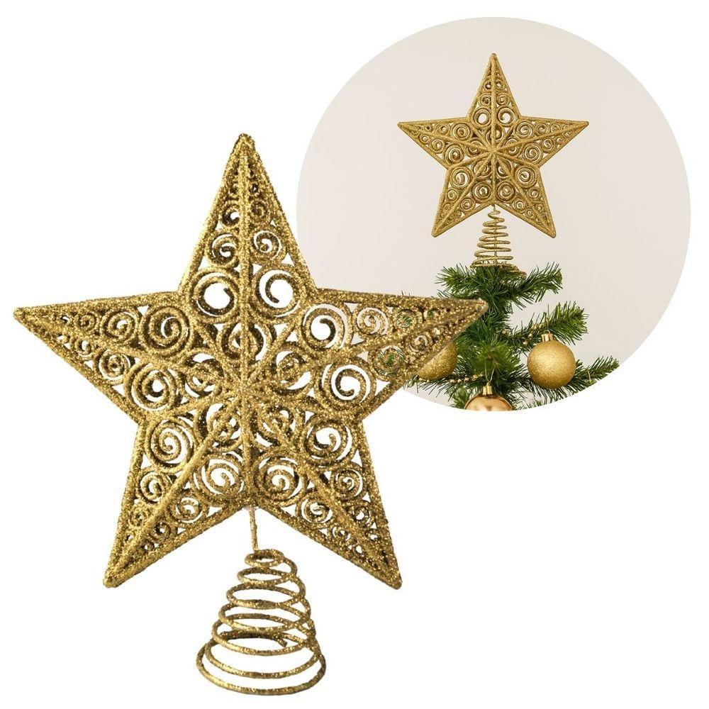 Estrela Ponteira De Natal Champanhe Luxo Com Glitter Arabesco – Topo De árvore 20cm Com Base Espiral - 1