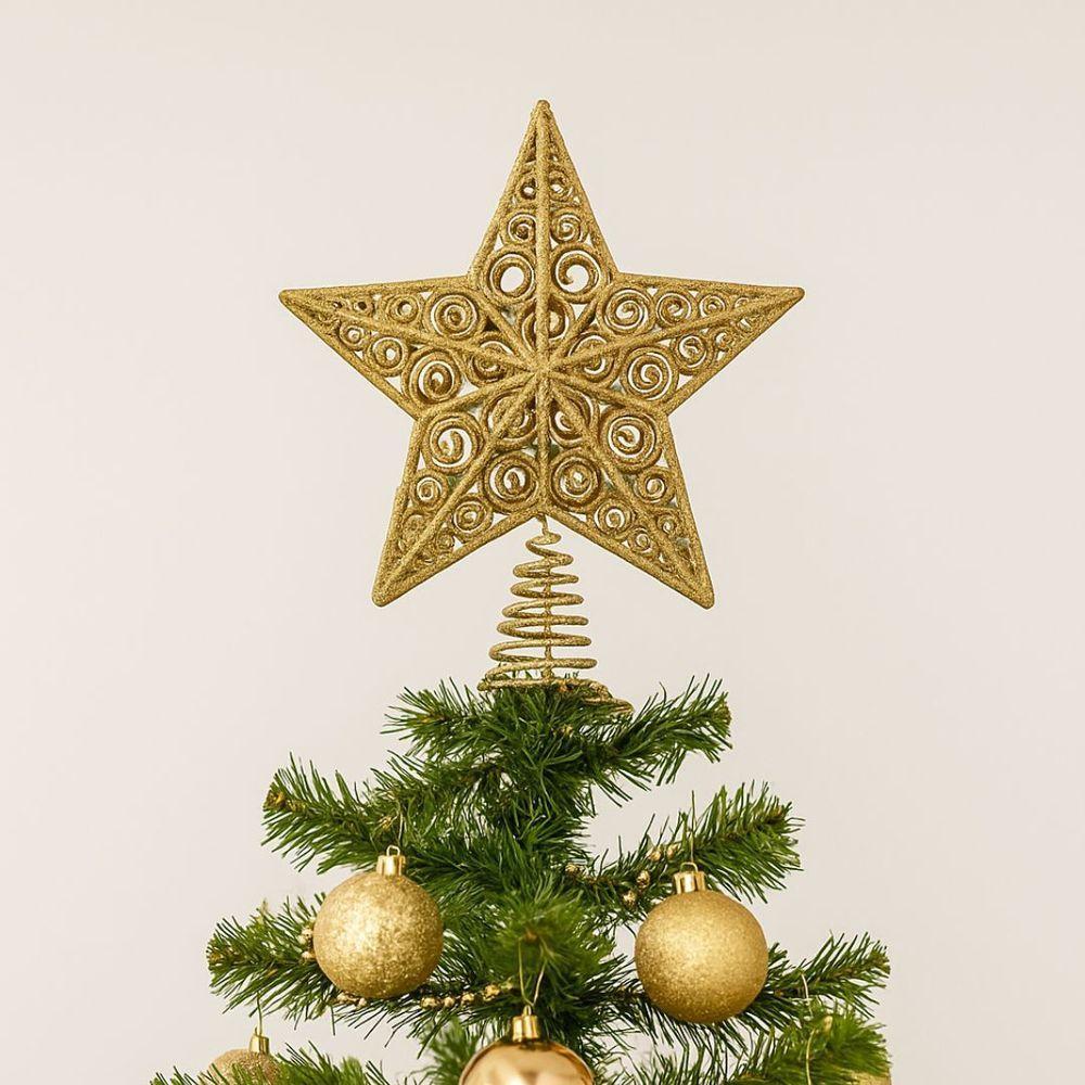 Estrela Ponteira De Natal Champanhe Luxo Com Glitter Arabesco – Topo De árvore 20cm Com Base Espiral - 2