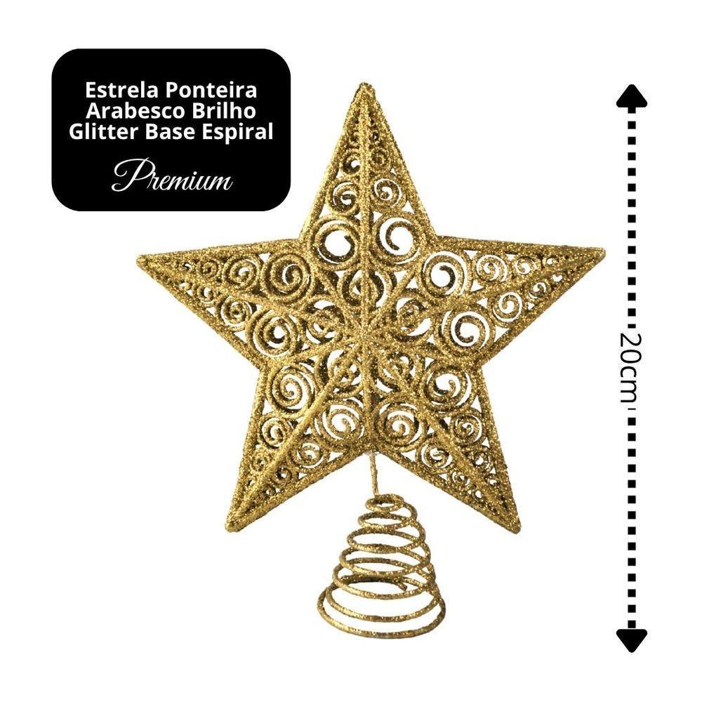 Estrela Ponteira De Natal Champanhe Luxo Com Glitter Arabesco – Topo De árvore 20cm Com Base Espiral - 4