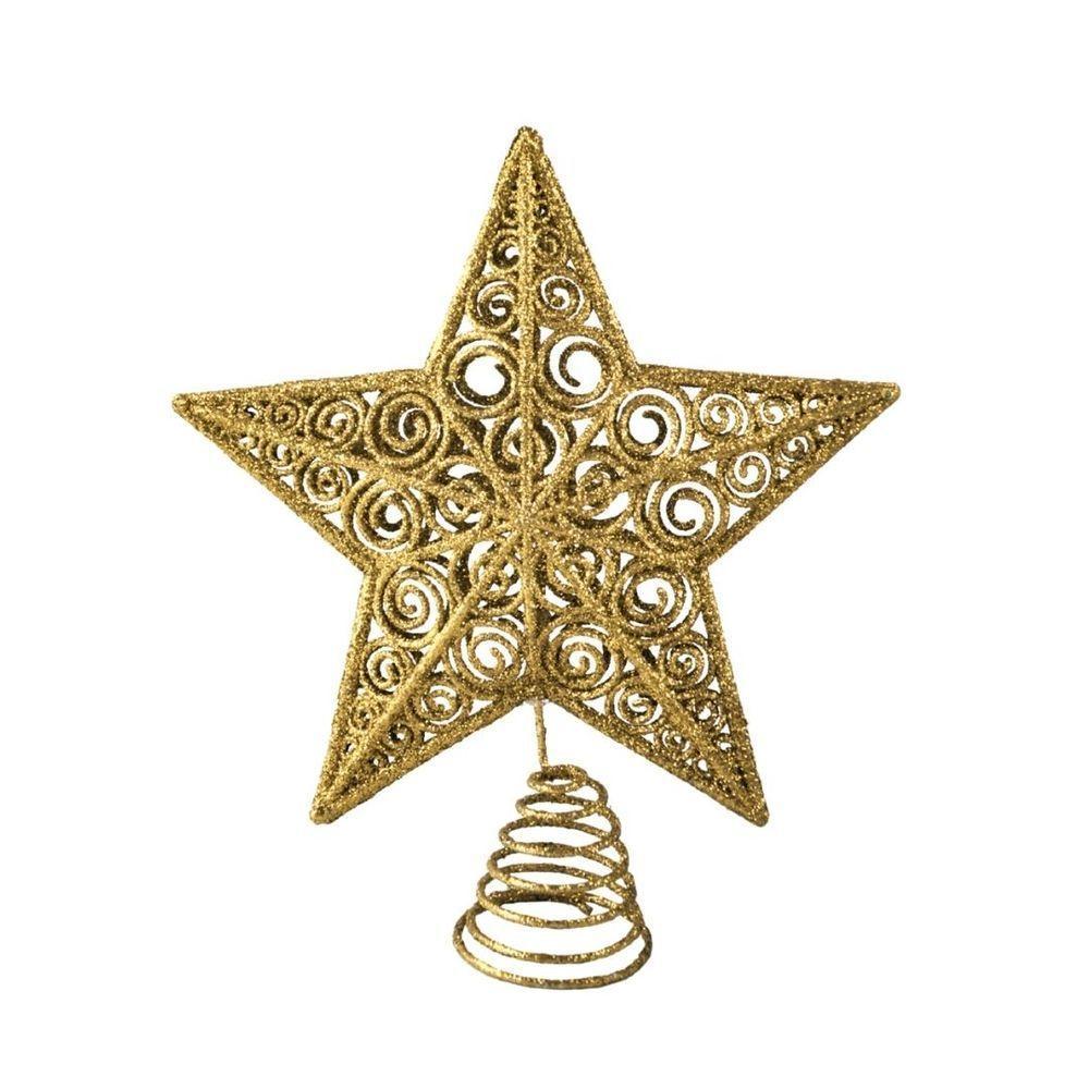 Estrela Ponteira De Natal Champanhe Luxo Com Glitter Arabesco – Topo De árvore 20cm Com Base Espiral - 5