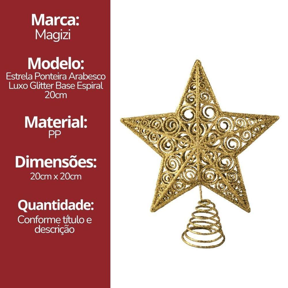 Estrela Ponteira De Natal Champanhe Luxo Com Glitter Arabesco – Topo De árvore 20cm Com Base Espiral - 6