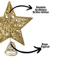 Estrela Ponteira De Natal Champanhe Luxo Com Glitter Arabesco – Topo De árvore 20cm Com Base Espiral - 3