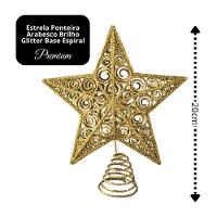 Estrela Ponteira De Natal Champanhe Luxo Com Glitter Arabesco – Topo De árvore 20cm Com Base Espiral