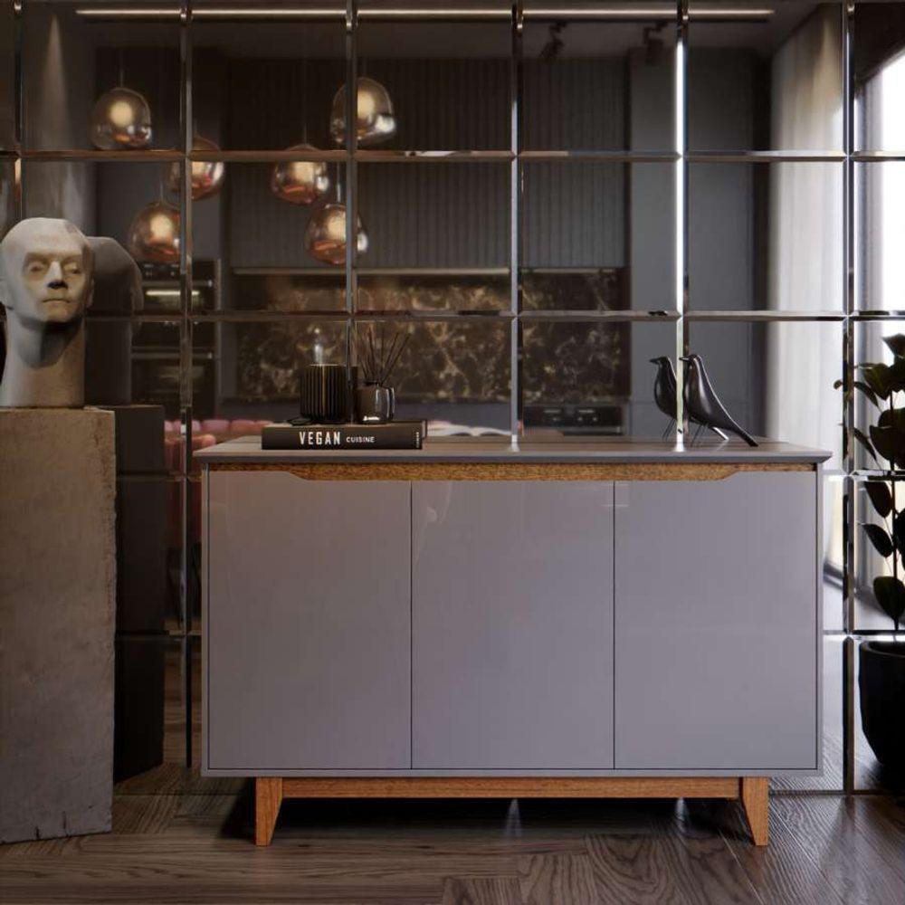 Buffet Aparador 3 Portas Mdf Pés Madeira Hall De Entrada Flow Sala De Estar Cozinha Cinza - 4