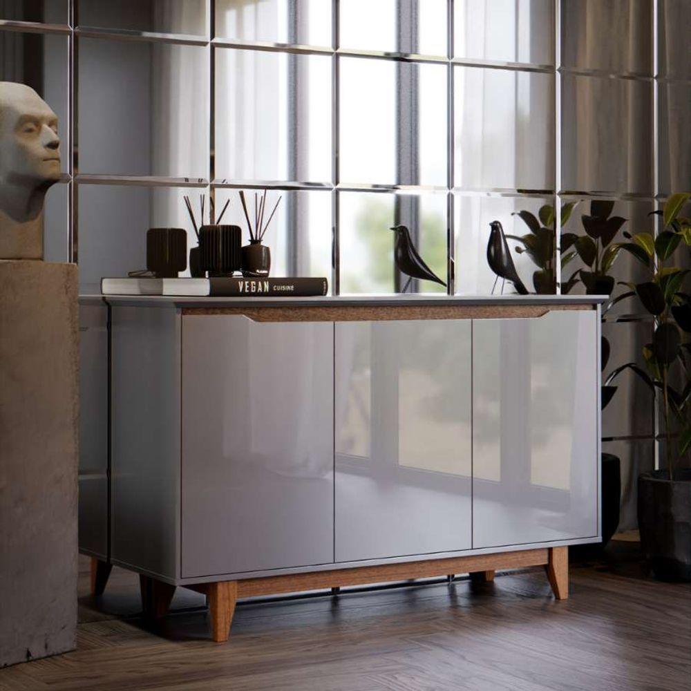 Buffet Aparador 3 Portas Mdf Pés Madeira Hall De Entrada Flow Sala De Estar Cozinha Cinza - 6