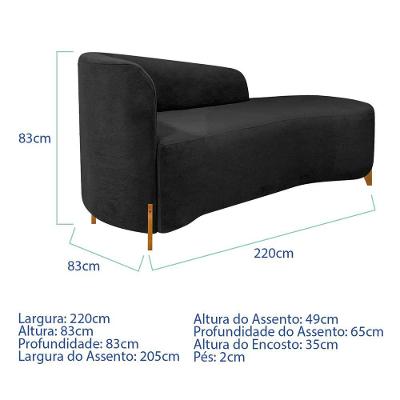 Divã Recamier Orgânico França 220cm Lado Dir Pés Madeira Linho Cor Preto