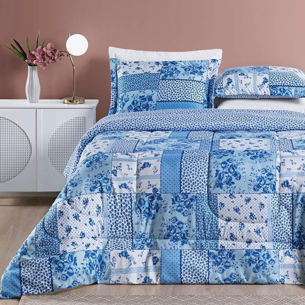 Edredom 2,40m X 2,20m + Jogo De Cama Dupla Face Estampado Bouti Casal 07 Peças 100% Poliéster - Azul Sereno - 9