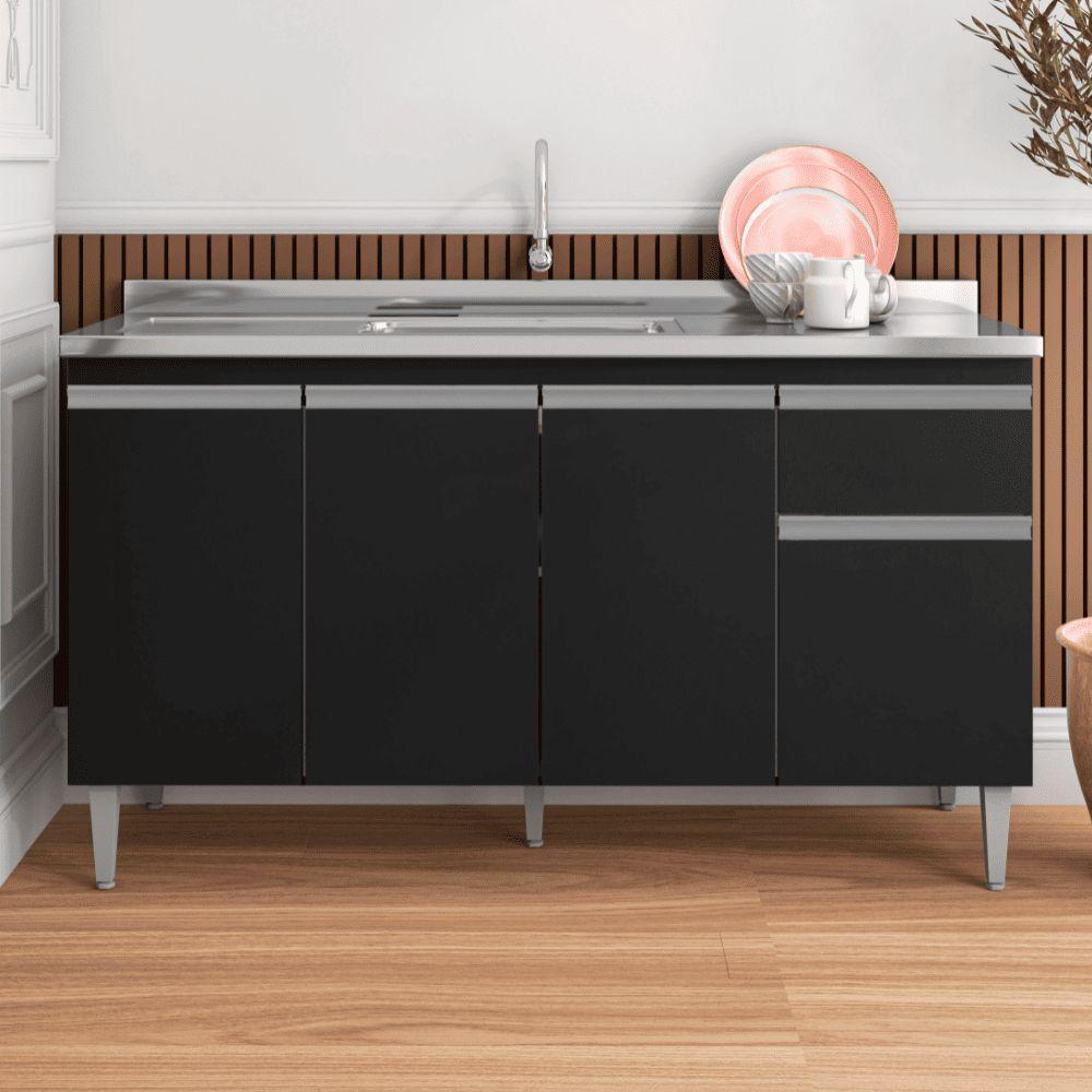 Balcão Gabinete De Pia Para Cozinha Sem Tampo 150cm Tatiane Preto- Mabe Magazine - 1