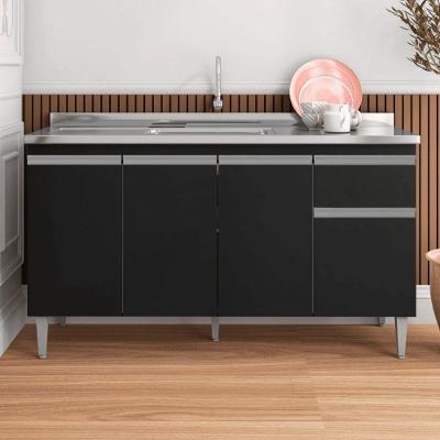 Balcão Gabinete De Pia Para Cozinha Sem Tampo 150cm Tatiane Preto- Mabe Magazine