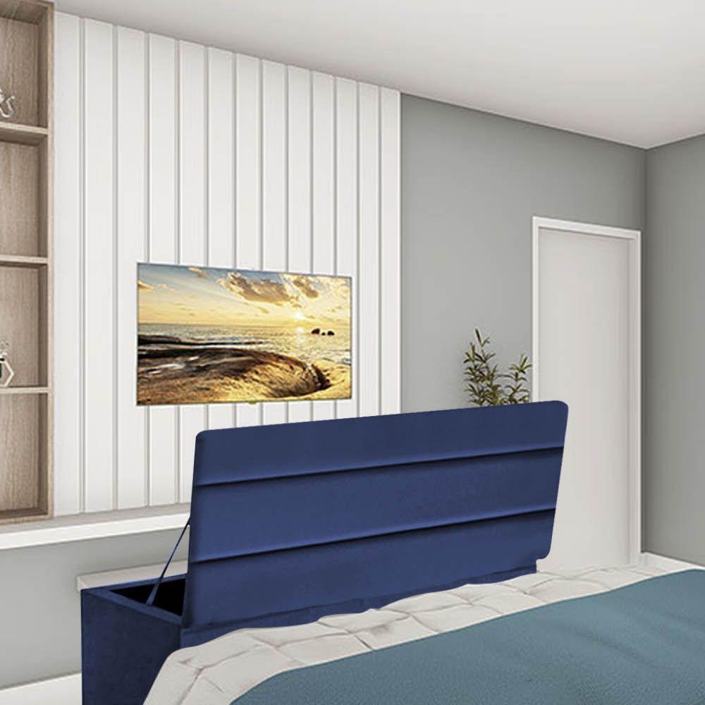 Calçadeira Baú Recamier Estofada Cama De Solteiro 90cm Argentina Corino Azul- Mabe Magazine - 1