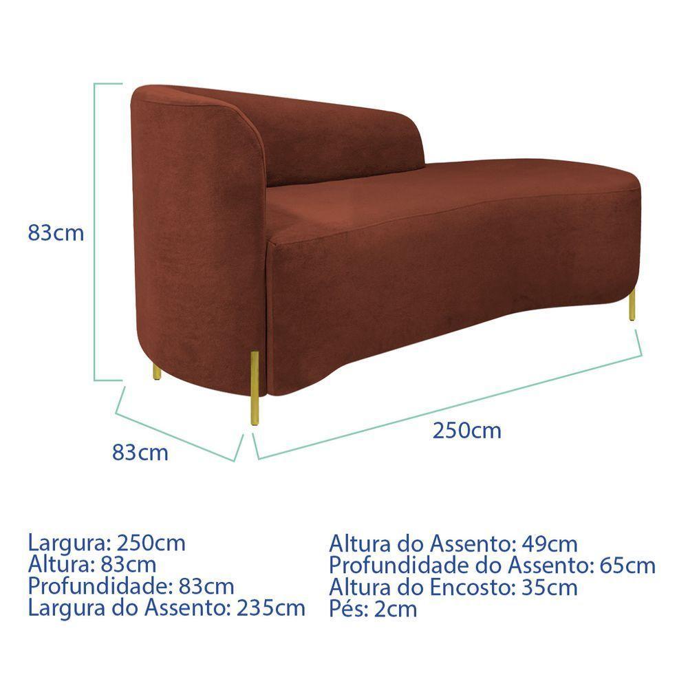 Divã Recamier Orgânico França 250cm Lado Dir Pés Metal Dourado Bouclé Terracota - 6