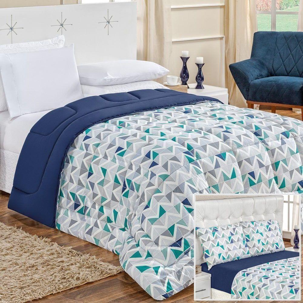 Edredom 2,60m X 2,40m + Jogo De Cama Malha Quality King 05 Peças 100% Algodão - Geométrico Azul - 1