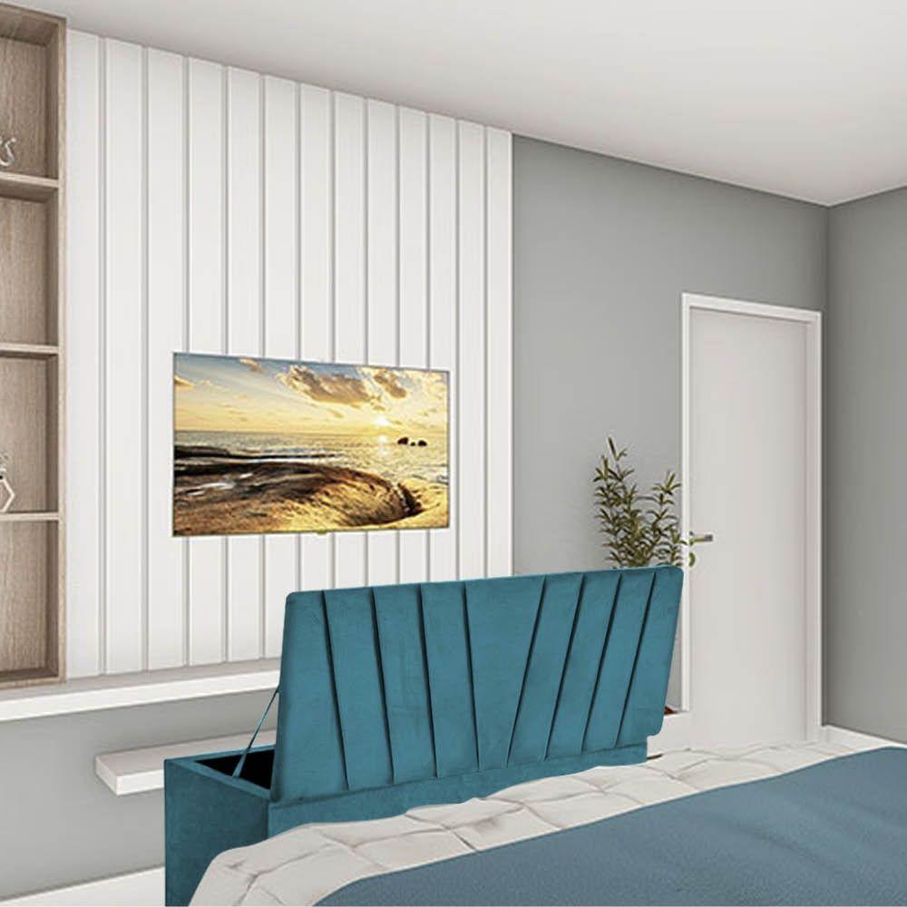 Calçadeira Baú Recamier Estofada Cama Queen 160cm Bélgica Corino Azul Turquesa- Mabe Magazine - 1