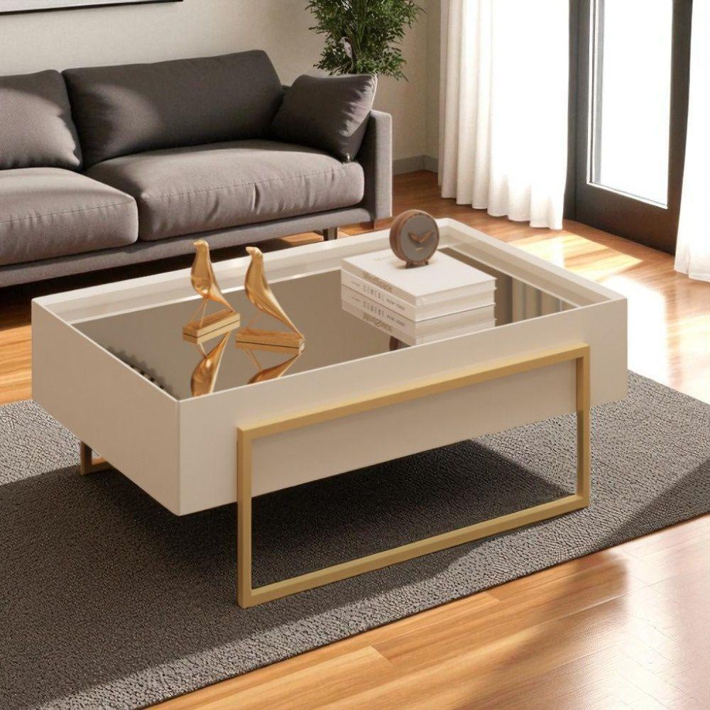 Mesa De Centro Com Tampo Espelhado E Pés Em Metal Dourado Kika Off White - Mabe Magazine - 1