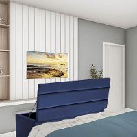 Calçadeira Baú Recamier Estofada Cama De Casal 140cm Argentina Corino Azul- Mabe Magazine - 1