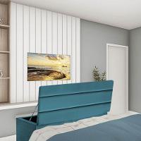 Calçadeira Baú Recamier Estofada Cama Queen 160cm Argentina Corino Azul Turquesa- Mabe Magazine - 1