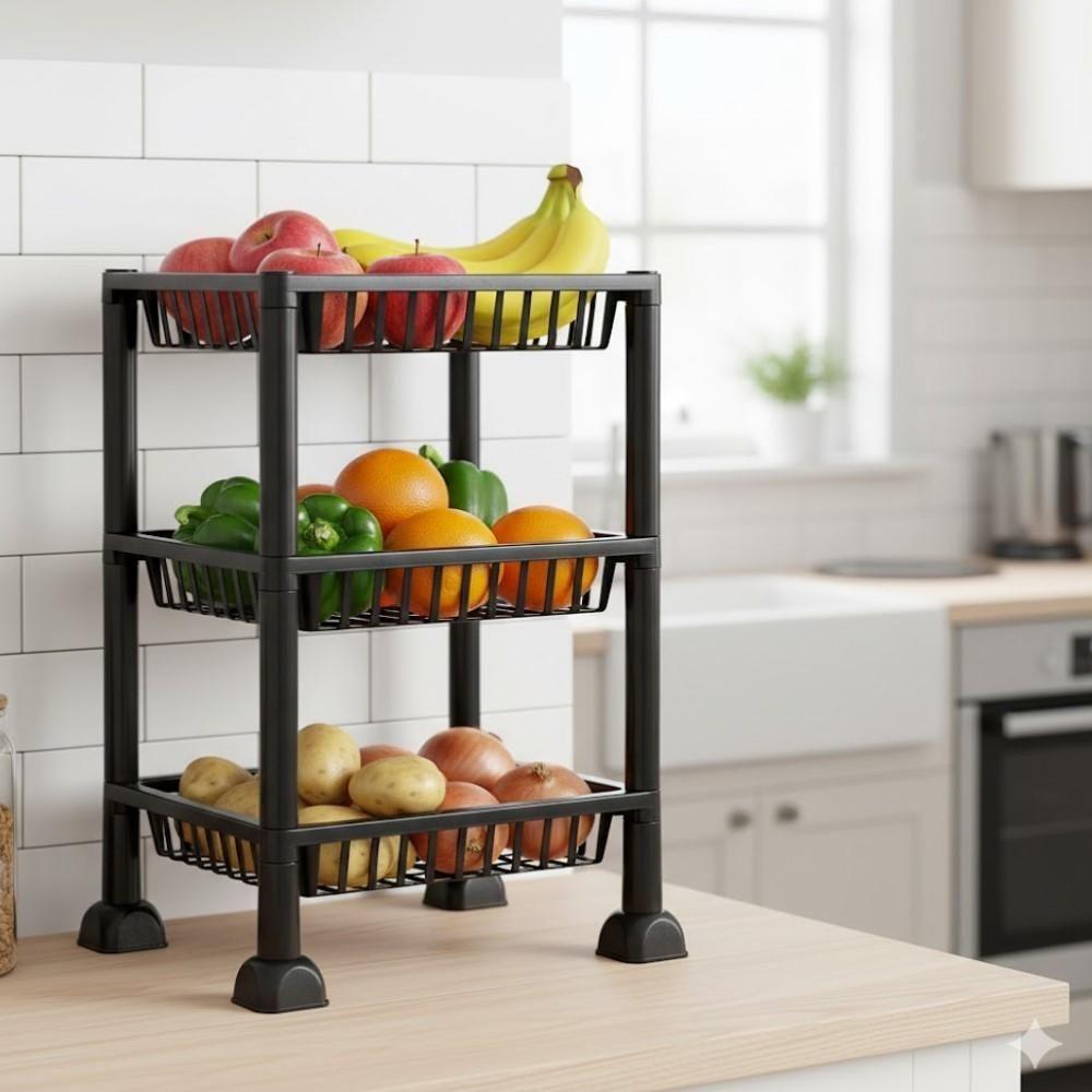 Fruteira Plástica 3 Andares Preta Com Cestos Espaçosos Para Cozinha E Lavanderia - 2