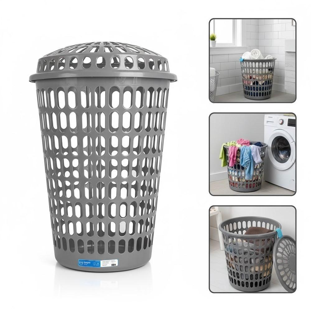 Cesto Telado Gigante Com Tampa 60 L Cinza Para Roupas E Organização De Lavanderia - 1