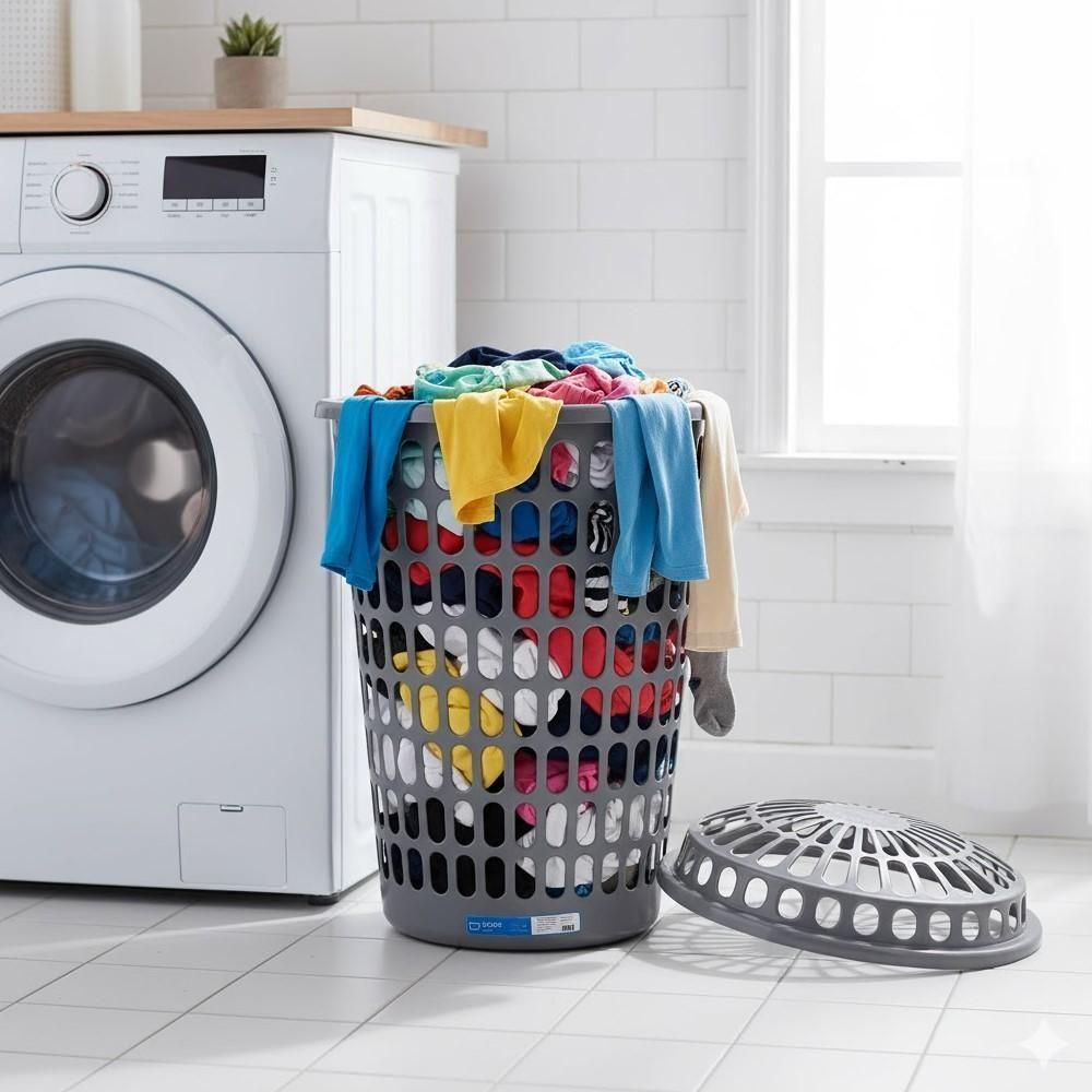 Cesto Telado Gigante Com Tampa 60 L Cinza Para Roupas E Organização De Lavanderia - 3