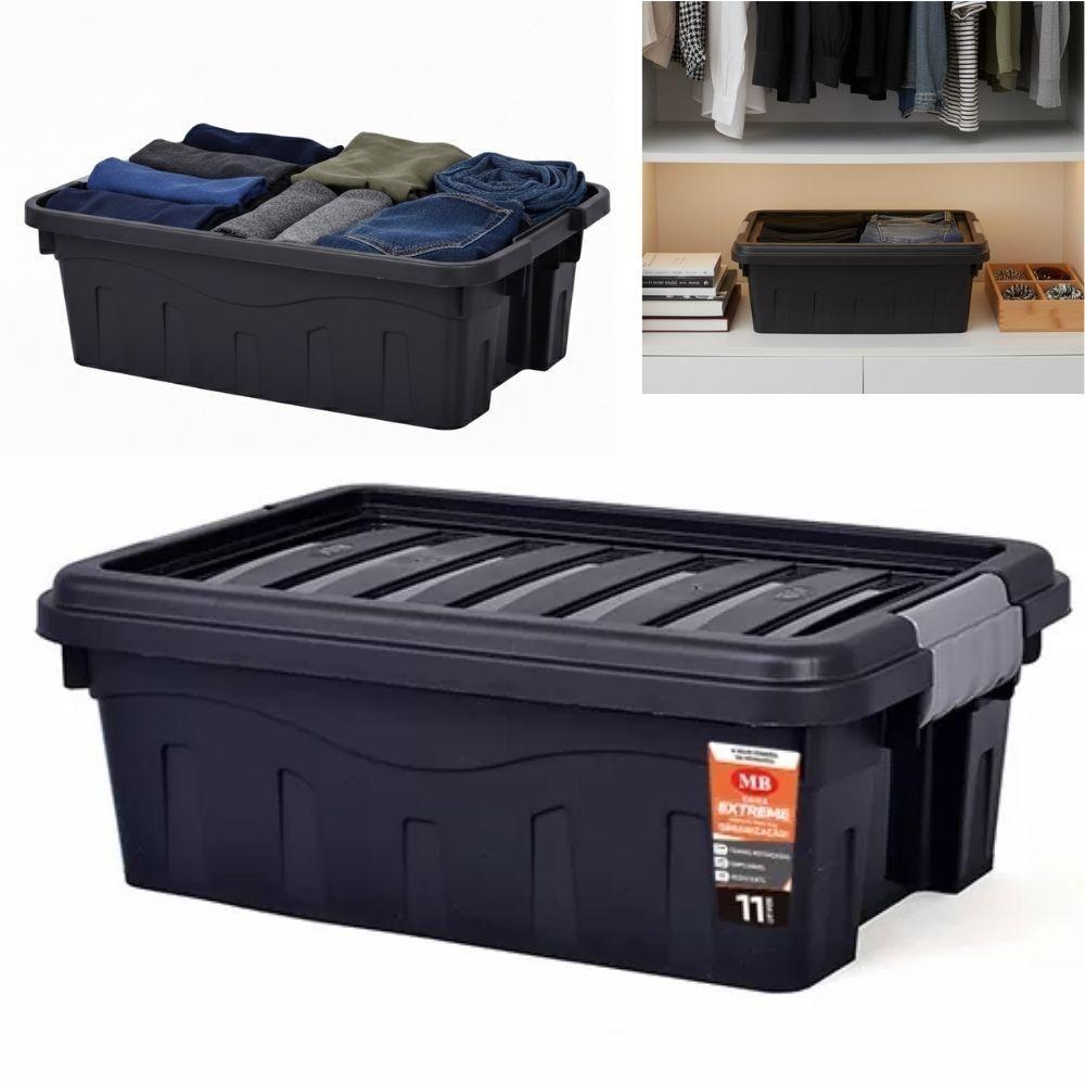 Caixa Organizadora Multiuso Empilhável 11 L Preta Com Tampa E Travas Laterais - 1