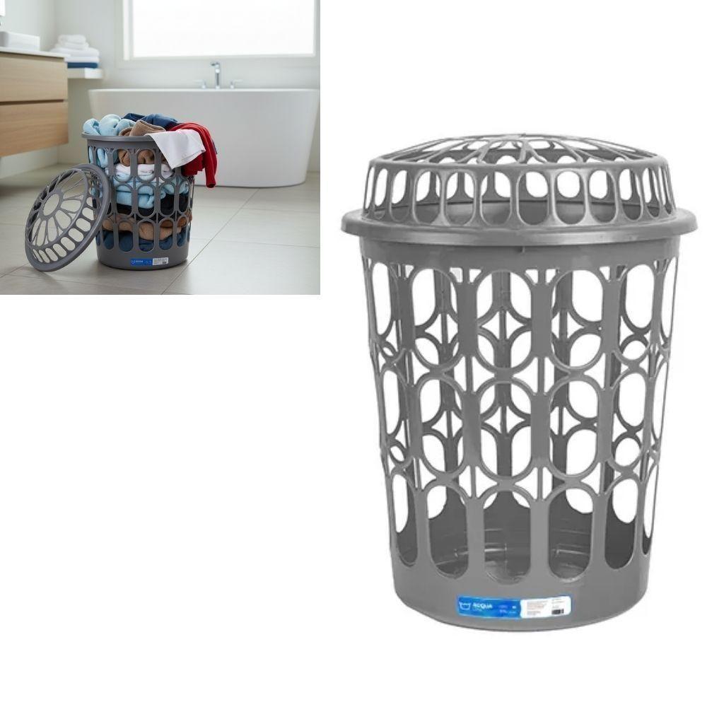 Cesto Telado 30 L Cinza Com Tampa Para Roupas Em Lavanderia, Banheiro E Quarto - 3
