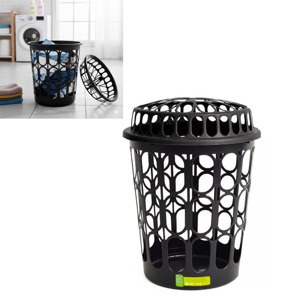 Cesto Telado Para Roupas 30 L Com Tampa Preta Para Lavanderia E Banheiro - 3