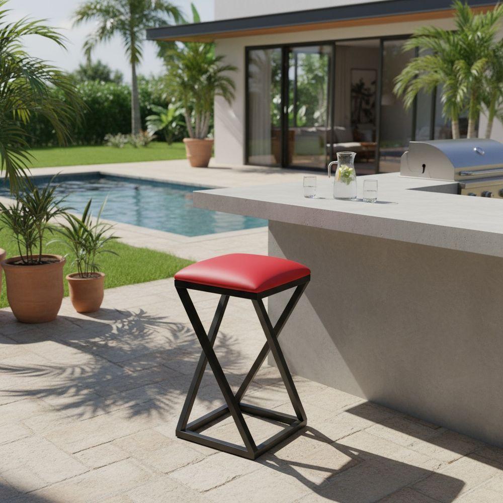 Banco Banqueta Baixa Sem Encosto Aço Quadrada Industrial Cozinha Balcão Bar Gourmet Vermelho - 1