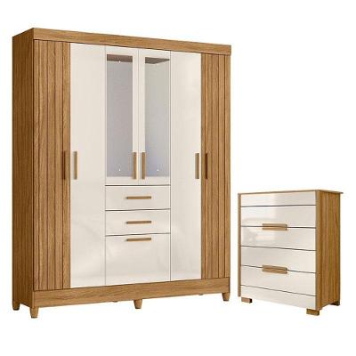 Guarda Roupa Solteiro com Cômoda Malta Dhara 7 Portas 6 Gavetas 165 cm Off White Moval
