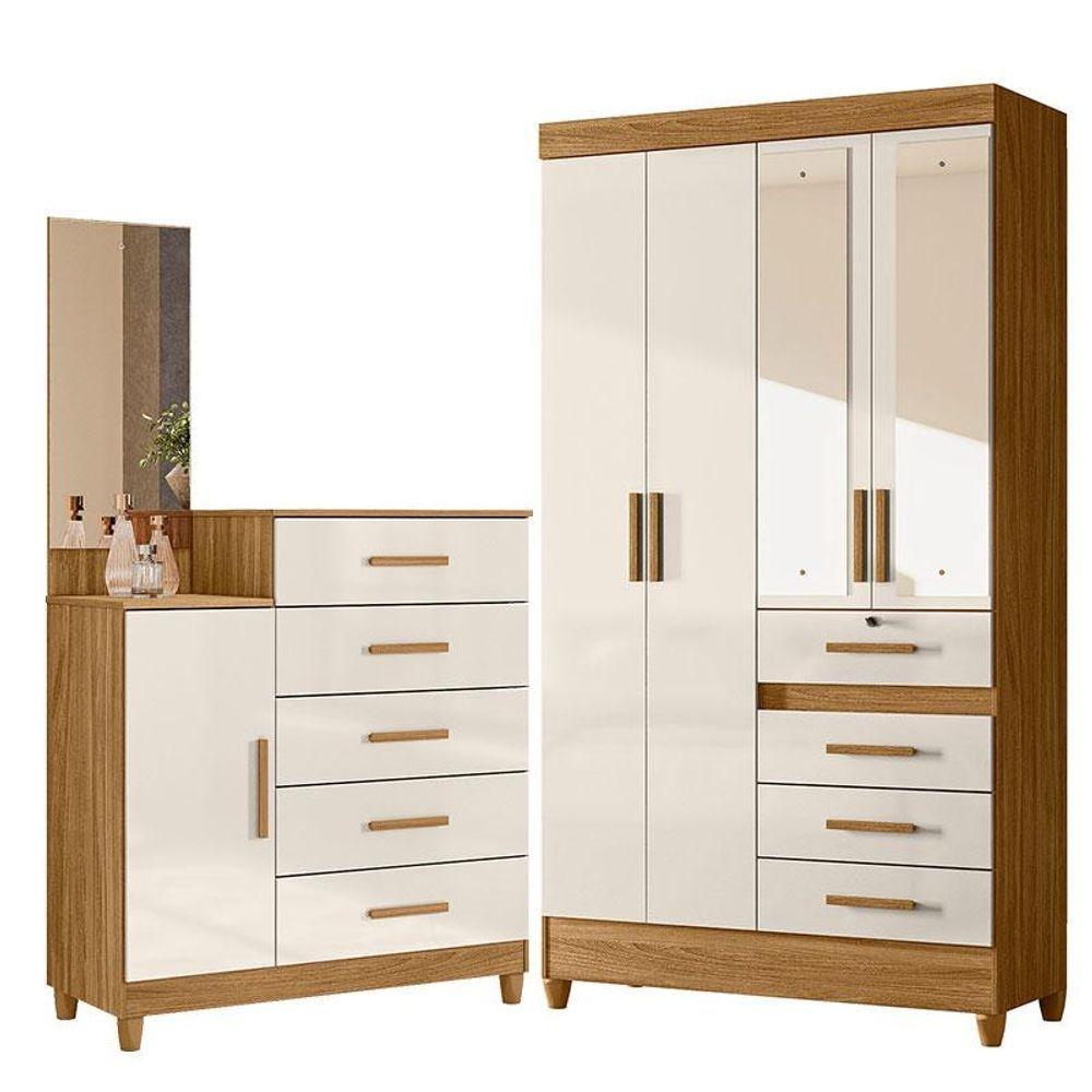 Guarda Roupa Solteiro Sobral Com Espelho E Cômoda Lisboa Freijó Off White - Moval - 1