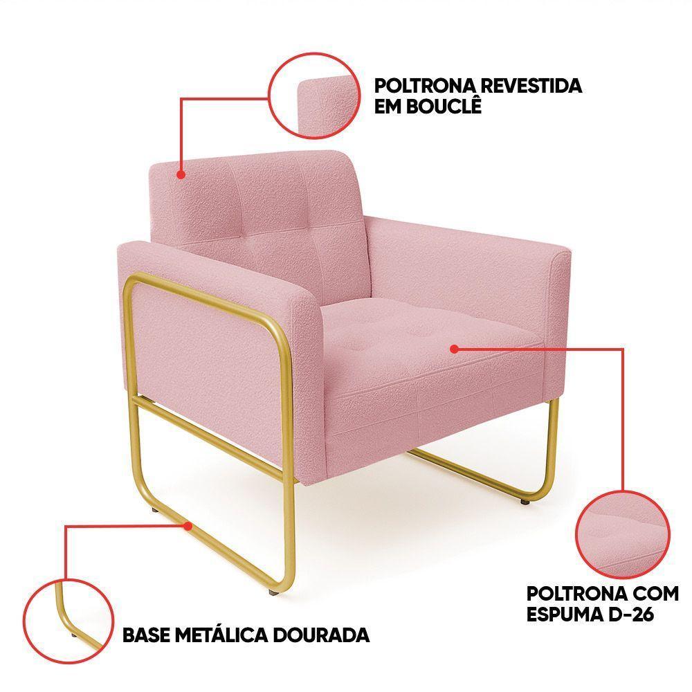Poltrona Sala Industrial Alta Tubo Dourado Elisa Bouclê Rosê D03 - D'rossi - 3