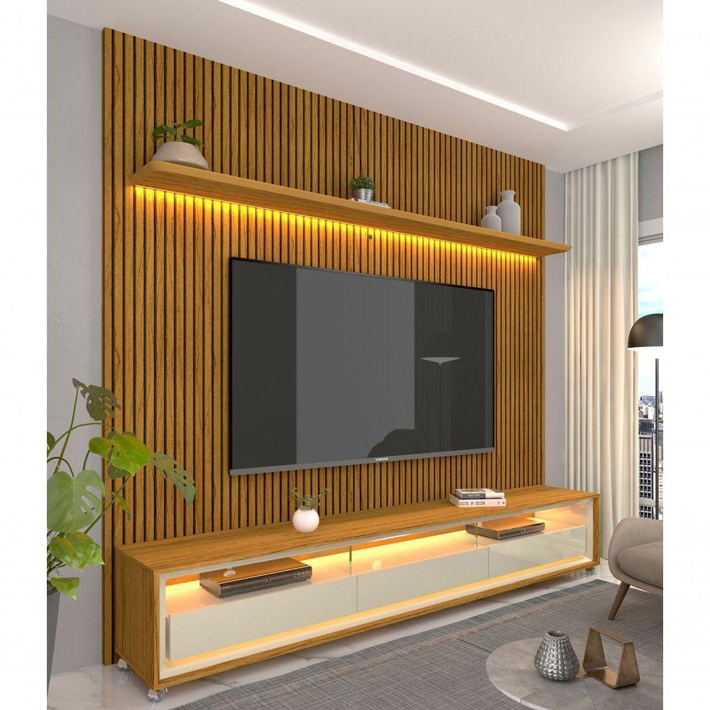 Rack Com Painel Requinte 2.2 Ripado 3d Com Led Naturale Com Off White - Gelius Móveis - 2