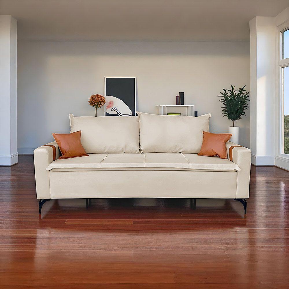 Sofá Living Madri 2 Lugares 1,40m Linho Bege Com Detalhe No Braço Em Corino Caramelo - 1