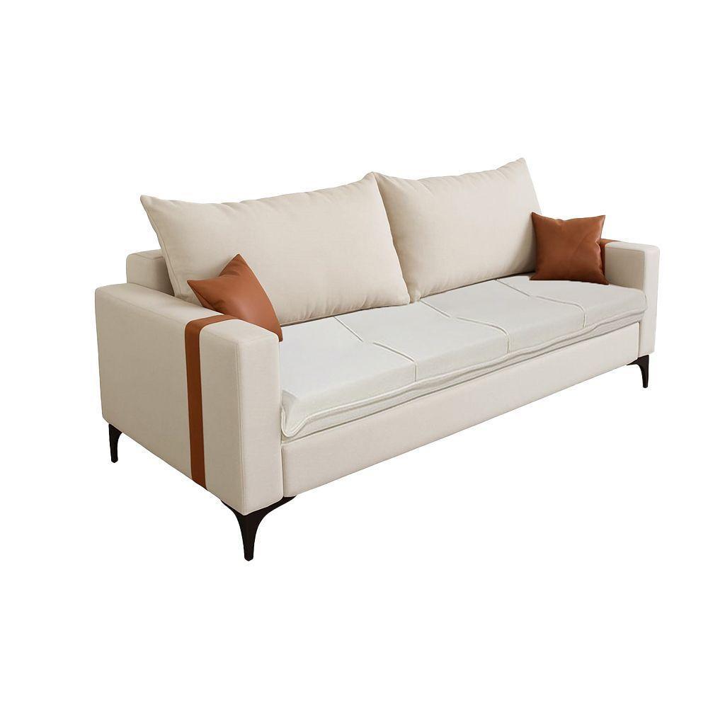 Sofá Living Madri 2 Lugares 1,40m Linho Bege Com Detalhe No Braço Em Corino Caramelo - 2