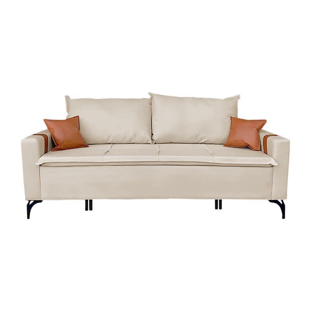 Sofá Living Madri 2 Lugares 1,40m Linho Bege Com Detalhe No Braço Em Corino Caramelo - 5