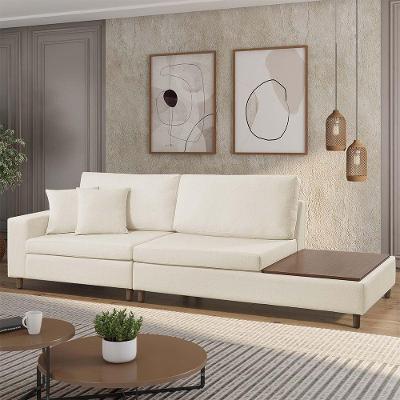Sofá Living Lotus Com Apoio Lateral Direita 2,89m Em Linho Cor Bege Mesclado 2282