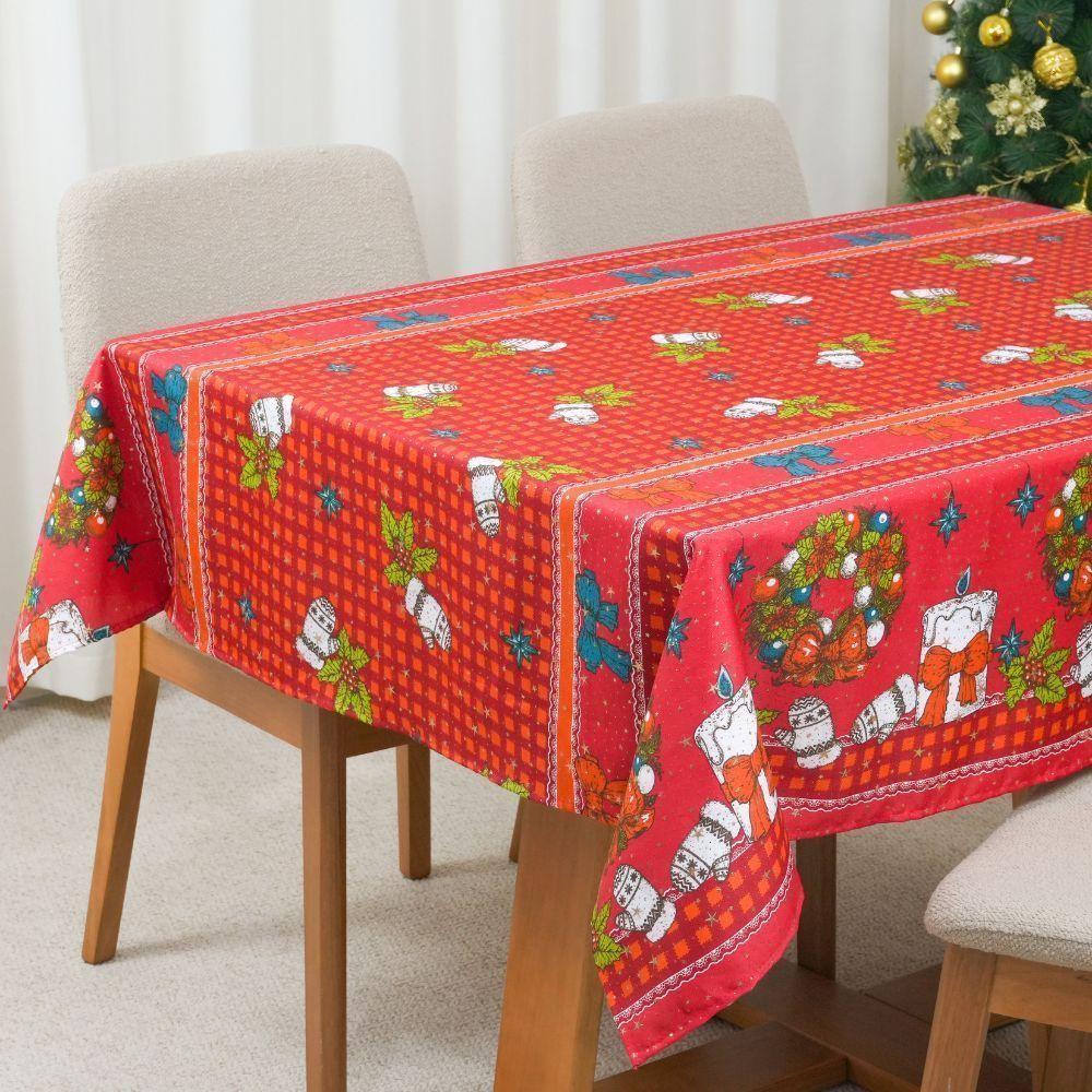 Toalha De Mesa Estampada Brilhare 1 Peça 2,50m X 1,45m 8 Lugares 100% Poliéster Tecido Oxford Natal - Estampa 3 Vermelho - 4