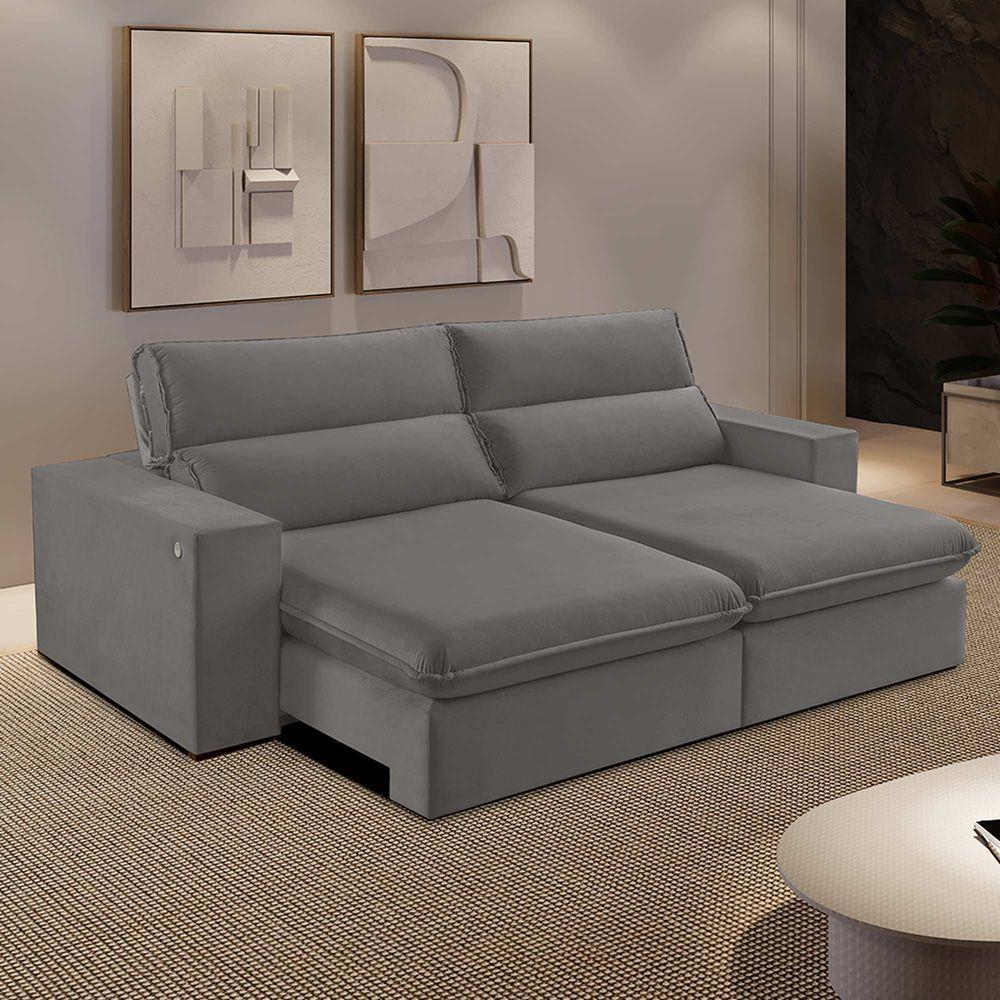 Sofá Retrátil E Reclinável Bee 2,90 M Veludo Cor Cinza 2103 Usb Com Kit Usb - 1