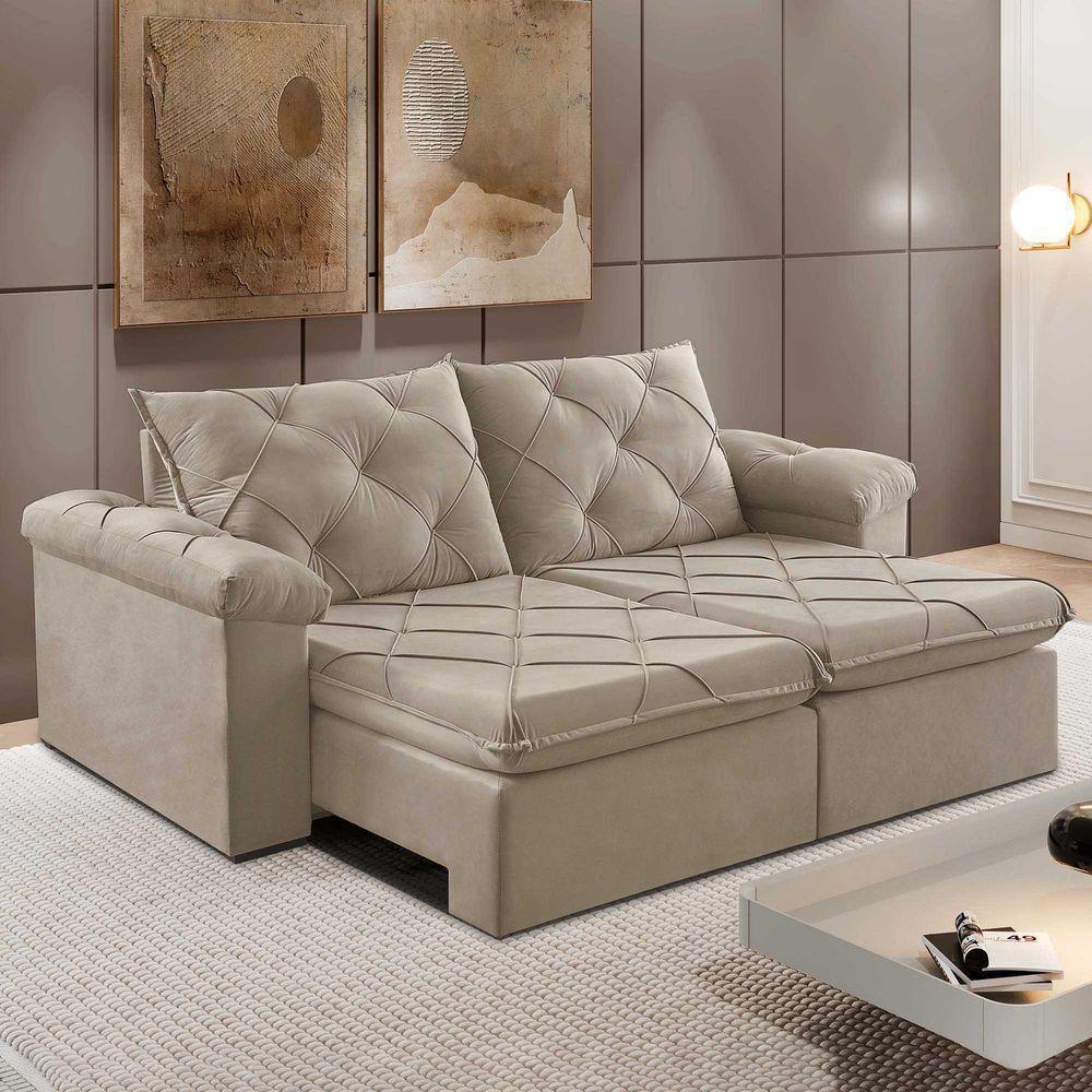 Sofá Retrátil E Reclinável Corniso 2,54m Veludo Cor Bege 2137 Usb Sem Kit Usb - 1