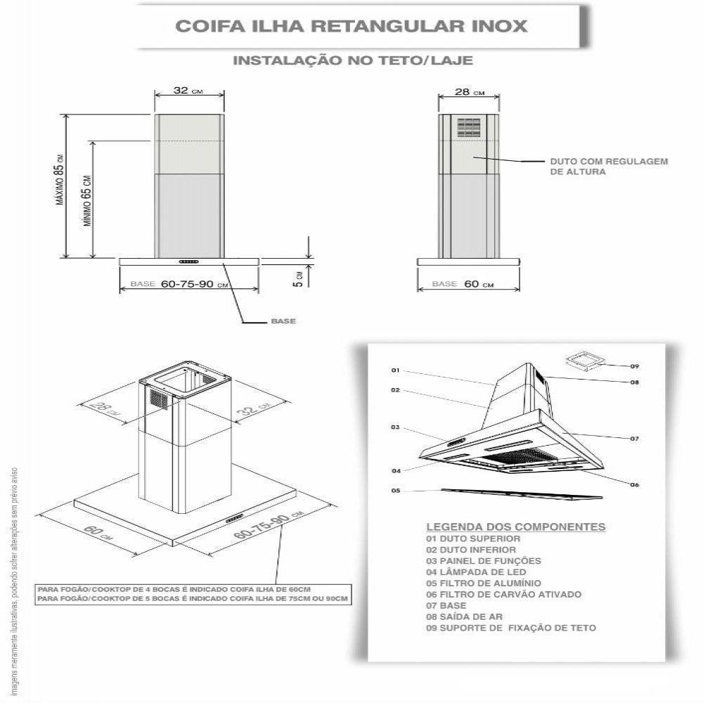 Coifa Ilha 75cm Retangular Fogatti Inox 220V - 4