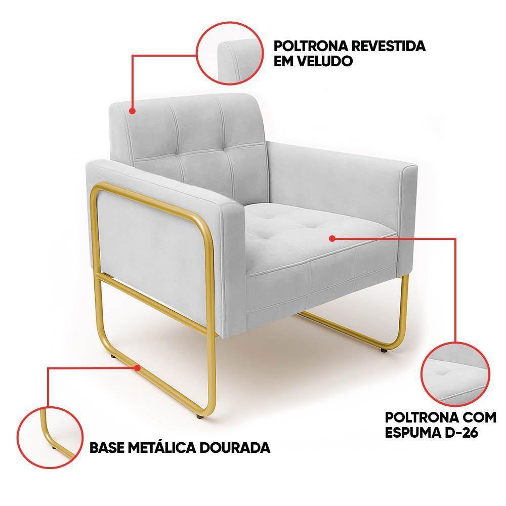 Poltrona Sala Industrial Alta Tubo Dourado Elisa Veludo Cinza D03 - D'rossi - 3