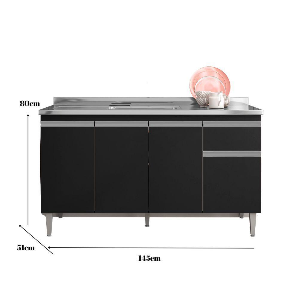 Balcão Gabinete Tatiane S/tampo 150cm 4 Portas 1 Gav Preto - 2