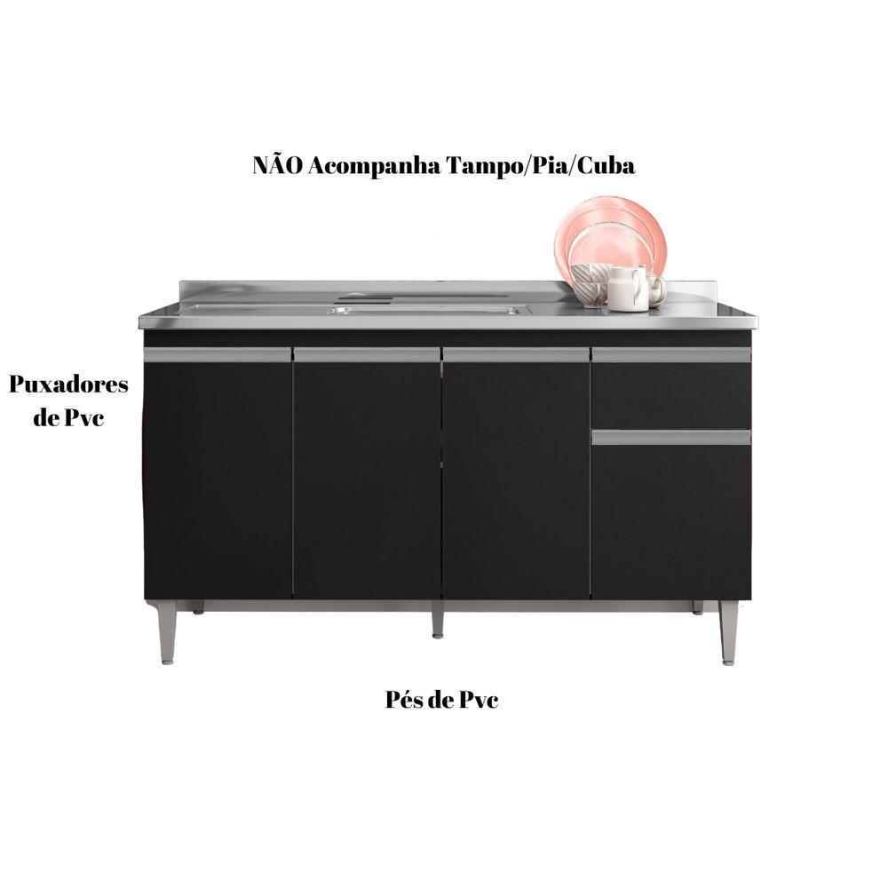 Balcão Gabinete Tatiane S/tampo 150cm 4 Portas 1 Gav Preto - 3