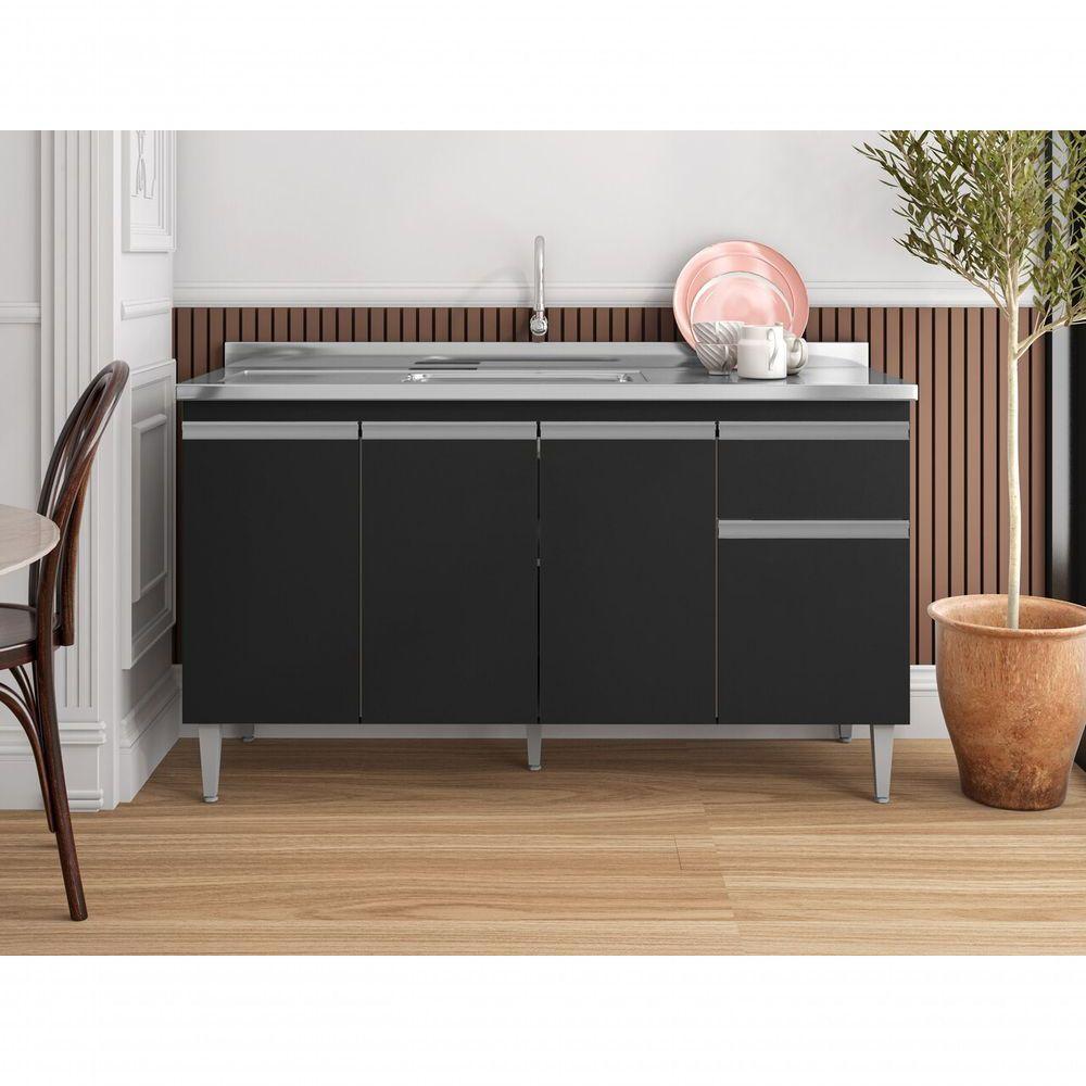 Balcão Gabinete Tatiane S/tampo 150cm 4 Portas 1 Gav Preto - 4