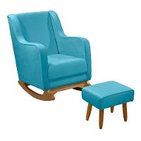 Cadeira Poltrona Amamentação Balanço áquila C/puff Veludo Azul Turquesa - 1