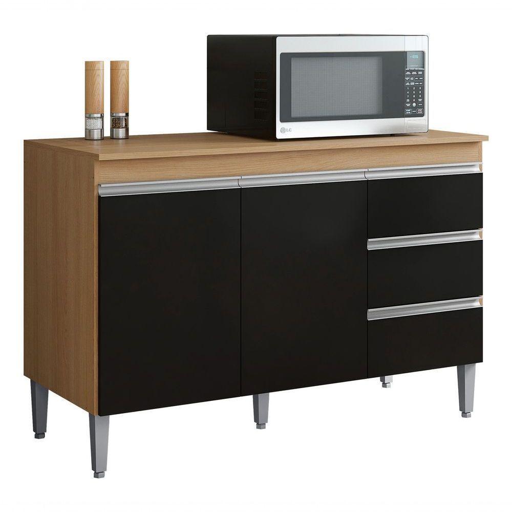 Balcão Gabinete Andreia S/tampo 100cm 2 Pts 3 Gvts - Am/pt Cor Amêndoa/preto - 1